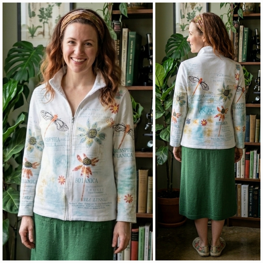 Jess & Jane S Philosophia Botanica Dragonfly Eclectic Whimsical Zip Up Sweater